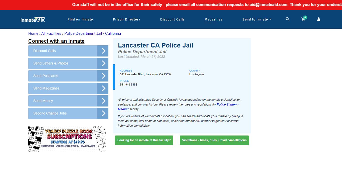 Lancaster CA Police Jail & Inmate Search - Lancaster, CA