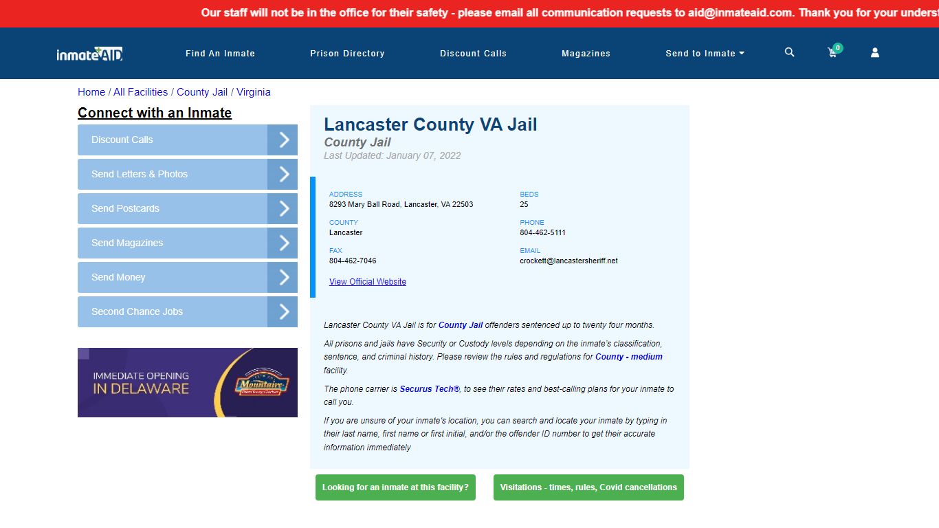 Lancaster County VA Jail - Inmate Locator - Lancaster, VA